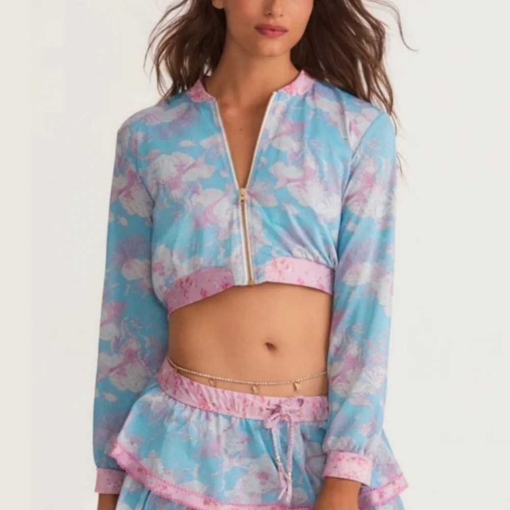 New LoveShackFancy x Hurley Cropped Bomber Jacket Under The Sea NWT Small